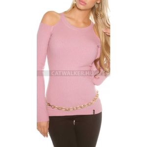 Női kötött pulóver vállán kivágott - rózsaszín - catwalker kép
