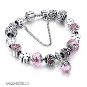 Pandora stílusú kristályos karkötő Smile mintájú charm-mal - Rózsaszín kép
