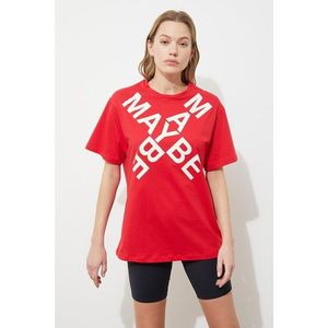 Trendyol Red Printed Boyfriend Knitted T-Shirt kép