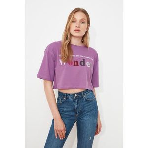 Trendyol Purple Printed Crop Knitted T-Shirt kép