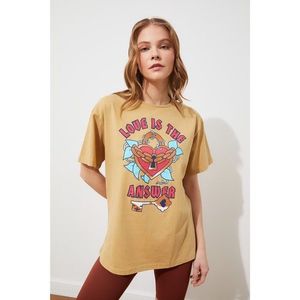 Trendyol Camel Printed Boyfriend Knitted T-Shirt kép