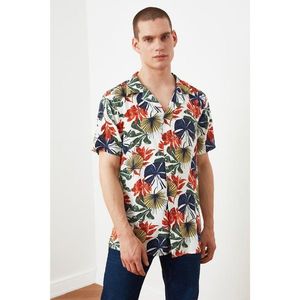 Trendyol Tile Men's Regular Fit Flannel Neck Short Sleeve Tropical Shirt kép