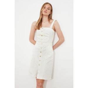 Trendyol White Strap Front Buttoned Denim Dress kép