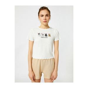 Koton Women's Ecru Printed Crew Neck T-Shirt kép