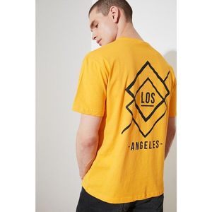 Trendyol Mustard Men's Oversize Fit Crew Neck Zero Sleeve Printed T-Shirt kép