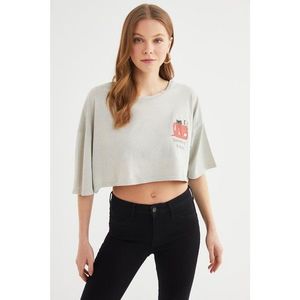 Trendyol Gray Crop Printed and Washed Knitted T-Shirt kép