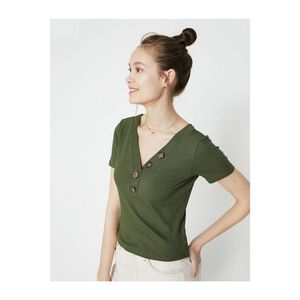 Koton Women's Green V Neck Short Sleeve Button Detailed T-Shirt kép
