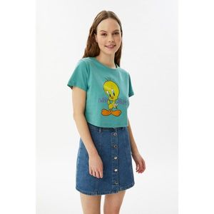 Trendyol Mint Tweety Licensed Printed Crop Knitted T-Shirt kép