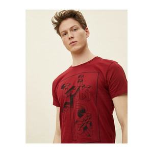 Koton Men's Burgundy Printed Short Sleeve Cotton T-Shirt kép