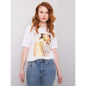 White women´s t-shirt with a print and an application kép