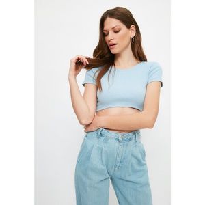Trendyol Light Blue Front Oval Crop Ribbed Knitted Blouse kép
