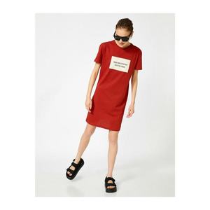 Koton Women's Red Slogan Dress Crew Neck Short Sleeve Cotton kép