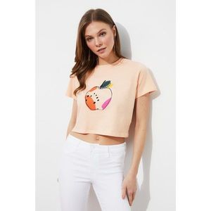 Trendyol Salmon 100% Organic Cotton Crop Printed Knitted T-Shirt kép