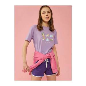 Koton Women's Purple Printed Crew Neck T-Shirt kép