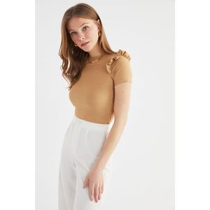 Trendyol Stone Frilly and Ribbed Crop Knitted Blouse kép