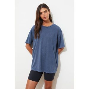 Trendyol Blue Washed and Foil Printed Boyfriend Knitted T-Shirt kép