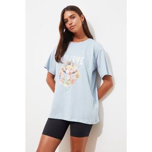 Trendyol Blue Printed Boyfriend T-Shirt kép
