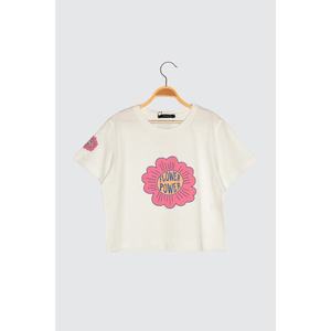 Trendyol Ecru Printed Crop Knitted T-Shirt kép