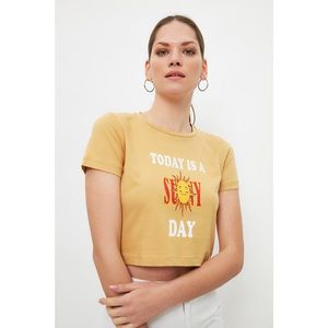 Trendyol Camel Printed Crop Knitted T-Shirt kép