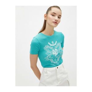 Koton Women's Green Printed Crew Neck Corduroy T-Shirt kép