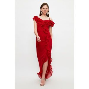 Trendyol Red Pleat Frilly Chiffon Evening Dress & Graduation Dress kép