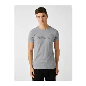 Koton Men's Gray Embossed Letter Short Sleeve Cotton T-Shirt kép