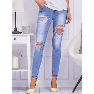 Blue denim pants with rips and pearls kép