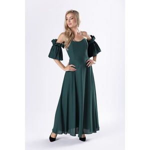 elegant maxi dress with a corset top and decorative sleeves with ruffles kép