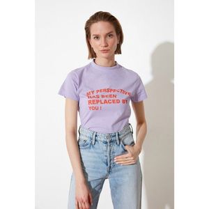 Trendyol Lilac Printed Standing Collar Basic Knitted T-Shirt kép