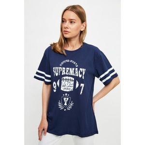 Trendyol Navy Blue Boyfriend Printed Knitted T-Shirt kép