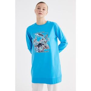 Trendyol Turquoise Printed Knitted Sweatshirt kép
