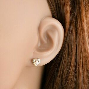 Ródiumozott fülbevaló 9K aranyból - kétszínű szív kontúr, fehér gyöngy kép