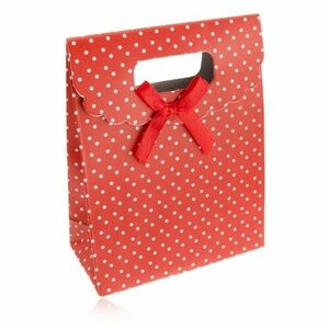 Piros ajándéktáska papírból fehér pontokkal, piros masni kép