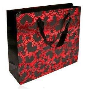 Papír táska ajándékra, sötétszürke és piros szín, fényes szív körvonalak kép