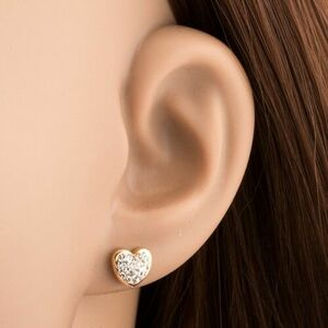 14K sárga arany fülbevaló - csillogó szív, átlátszó Swarovski kristályok kép