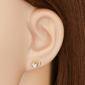 Briliáns fülbevaló 14K aranyból - két szív és csiszolt átlátszó gyémánt kép