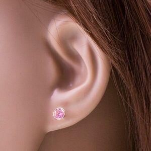 14K arany fülbevaló - kerek világos rózsaszín cirkónia foglalatban, 5 mm kép