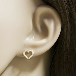 14K sárga arany fülbevaló - szív körvonal cirkóniákkal díszítve kép