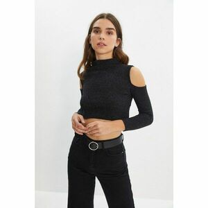 Trendyol Black Stand Up Collar Cut Out Detailed Crop Knitted Blouse kép