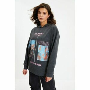 Trendyol Anthracite Printed Hoodie Boyfriend Knitted Sweatshirt kép