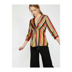 Koton Women's Orange V-Neck 3/4 Sleeve Striped Blouse kép