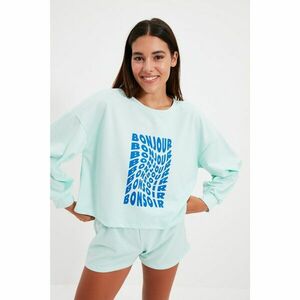 Trendyol Mint Slogan Printed Knitted Pajamas Set kép