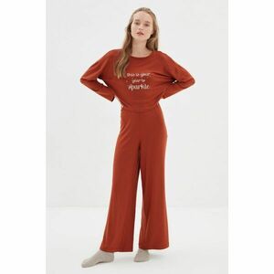Trendyol Brown Slogan Printed Knitted Pajamas Set kép