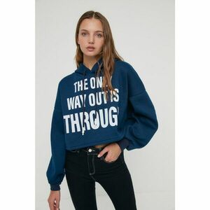 Trendyol Navy Printed Hoodie Raised Knitted Sweatshirt kép