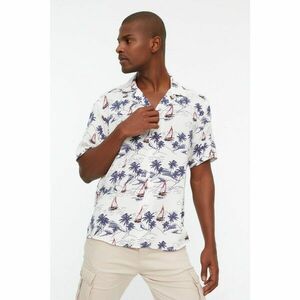Trendyol White Men's Relax Fit Cropped Collar Tropical Printed Shirt kép
