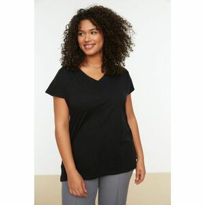 Trendyol Curve Black V-Neck Slit Basic Knitted T-Shirt kép