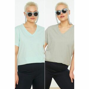 Trendyol Curve Gray-Mint 2-Pack V-Neck Basic Knitted T-Shirt kép