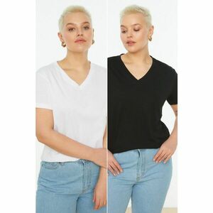 Trendyol Curve Black and White 2-Pack V-Neck Basic Knitted T-Shirt kép