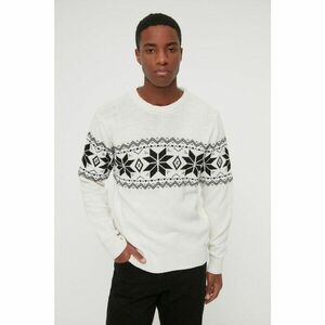 Trendyol Ecru Men's Slim Fit Crew Neck Jacquard Paneled Knitwear Sweater kép