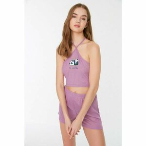 Trendyol Lilac Embroidered Crop Camisole Knitted Pajamas Set kép